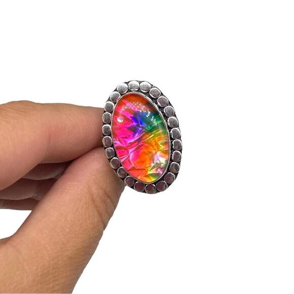 Dichroic Glass Ring Size 8 925 Sterling Silver Overlay Vibrant Colorful - Picture 4 of 6